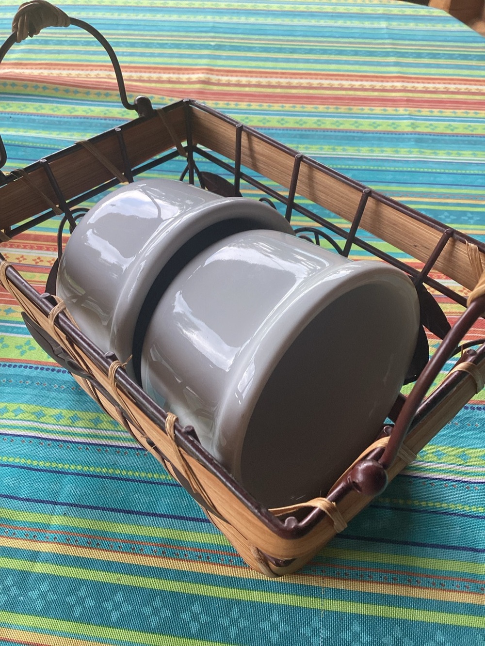 Rustic Basket with Ceramic Crocks - set of 2 crocks